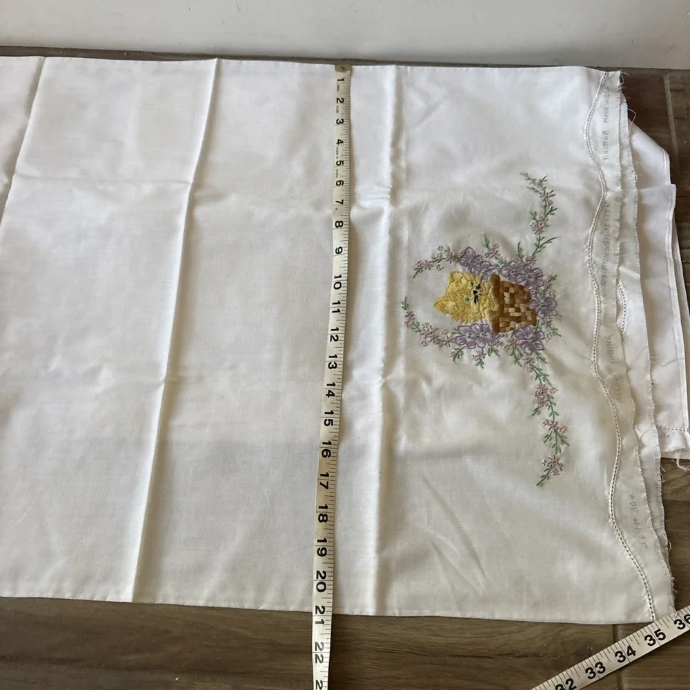 2 White Pillow Cases Embroidered Needle Cats In Baskets Pillowcases- Unfinished